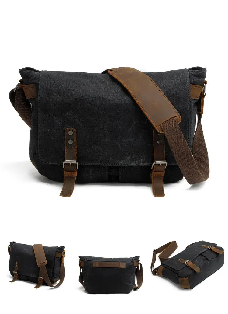 Vintage per uomo Borsa a tracolla in tela oliata da uomo Borsa a tracolla singola Borsa per computer portatile Borsa a tracolla 241115_voghion.com