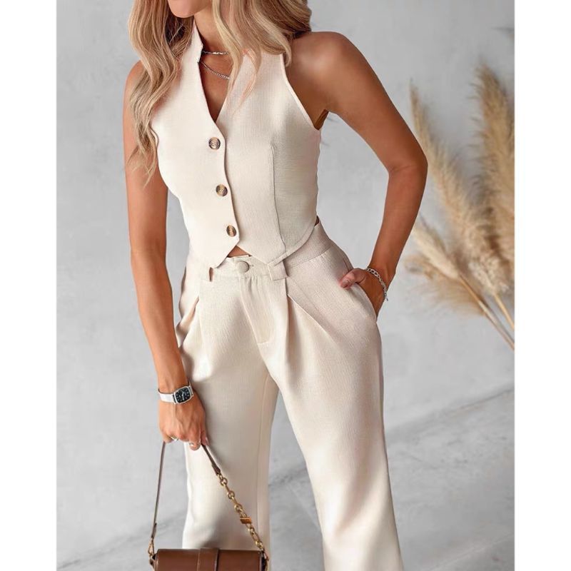 Îmbrăcăminte pentru femei, maiou cu nasturi, pantaloni largi, costum casual_voghion.com