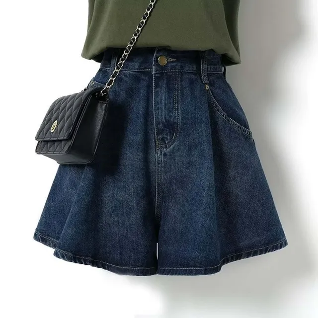 vendita calda plissettato vita alta taglie forti pantaloncini di jeans per le donne estate casual gamba larga sottile gonna a trapezio elegante ragazza pantaloni corti_voghion.com