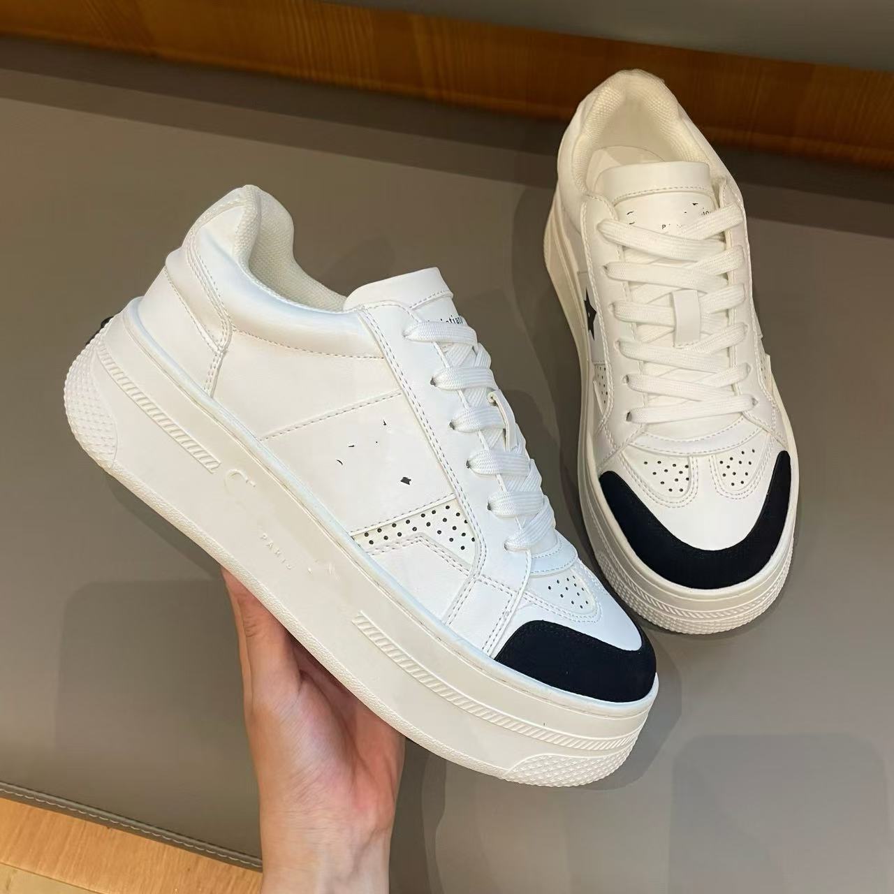 D Trendy Brand Star Thick-Soled White Sneakers For Women, Height Increasing New Genuine Leather Color-Block Casual