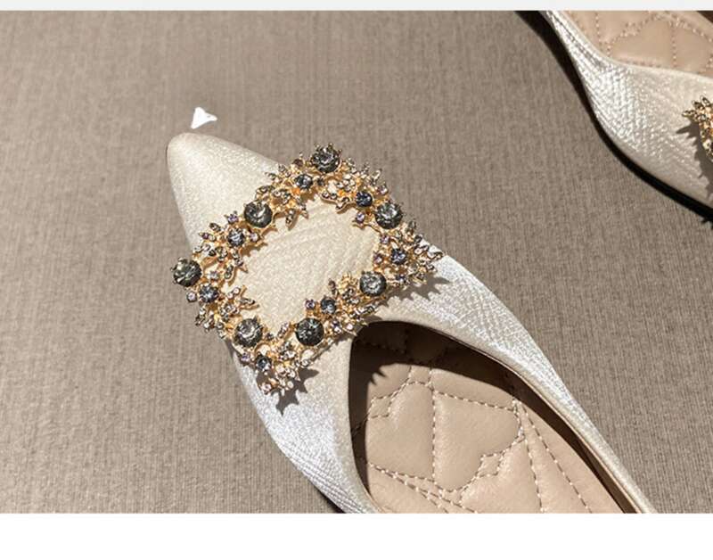 Low Top Solid Color Adhesive Pointed Toe Flat Heel Rhinestone Square Buckle Microfiber Large Size_voghion.com