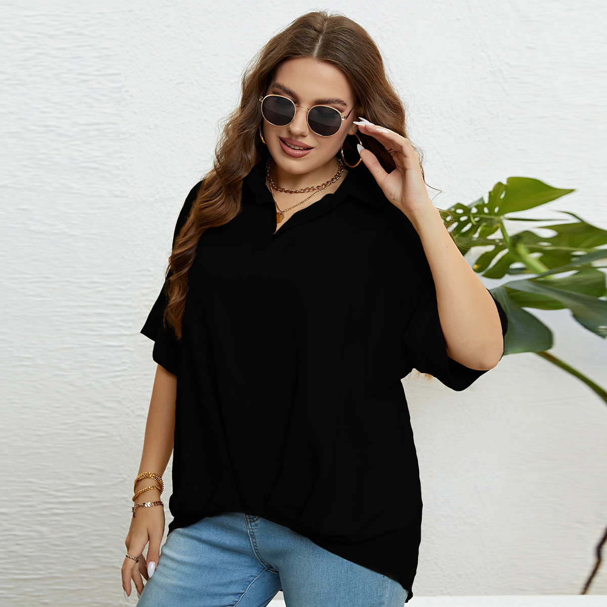 Topuri pentru femei, cu decolteu în V, slim fit și mâneci în cinci puncte, mărimi mari_voghion.com