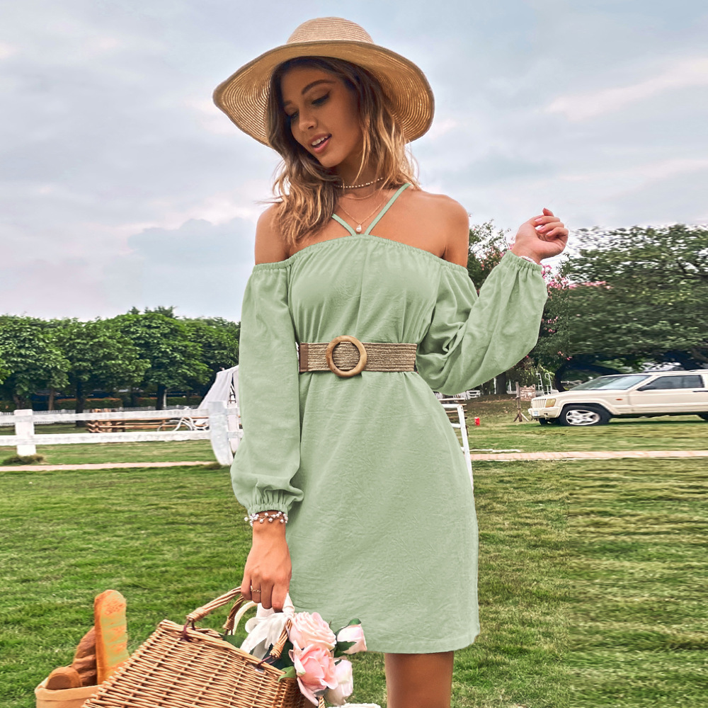 2023 frühjahr/Sommer Neue frauen Eingewickelt Brust Lose Beiläufige Kurze Kleid Off Schulter Gurt Langarm Kleid_voghion.com