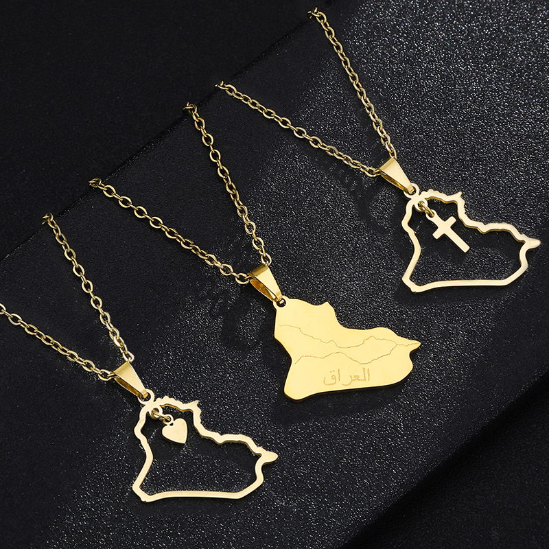 Collier pendentif en acier inoxydable avec cœur/croix, carte de la République d'Irak, couleur or/acier, bijoux ethniques pour hommes et femmes irakiens, cadeau