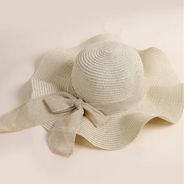 Cappello di paglia da viaggio pieghevole alla moda, con protezione UV, con fiocco e nastri, portatile, a tesa larga_voghion.com