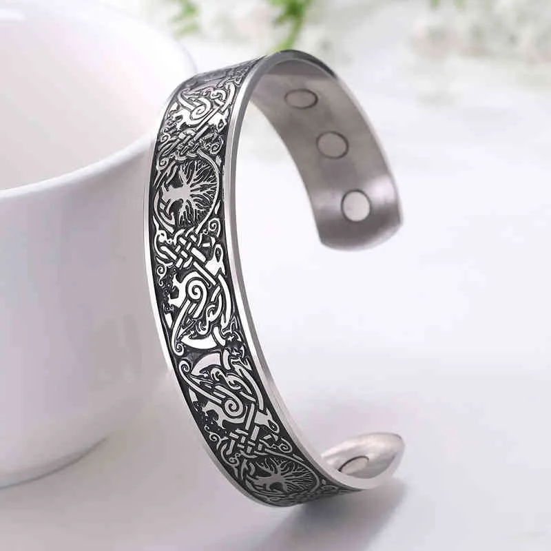 Skyrim Viking Bangle Endlos Love Buttons Tree of Life Birds Edelstol Manschett Magnéitesch Therapie Bracelet Männer Fraen_voghion.com