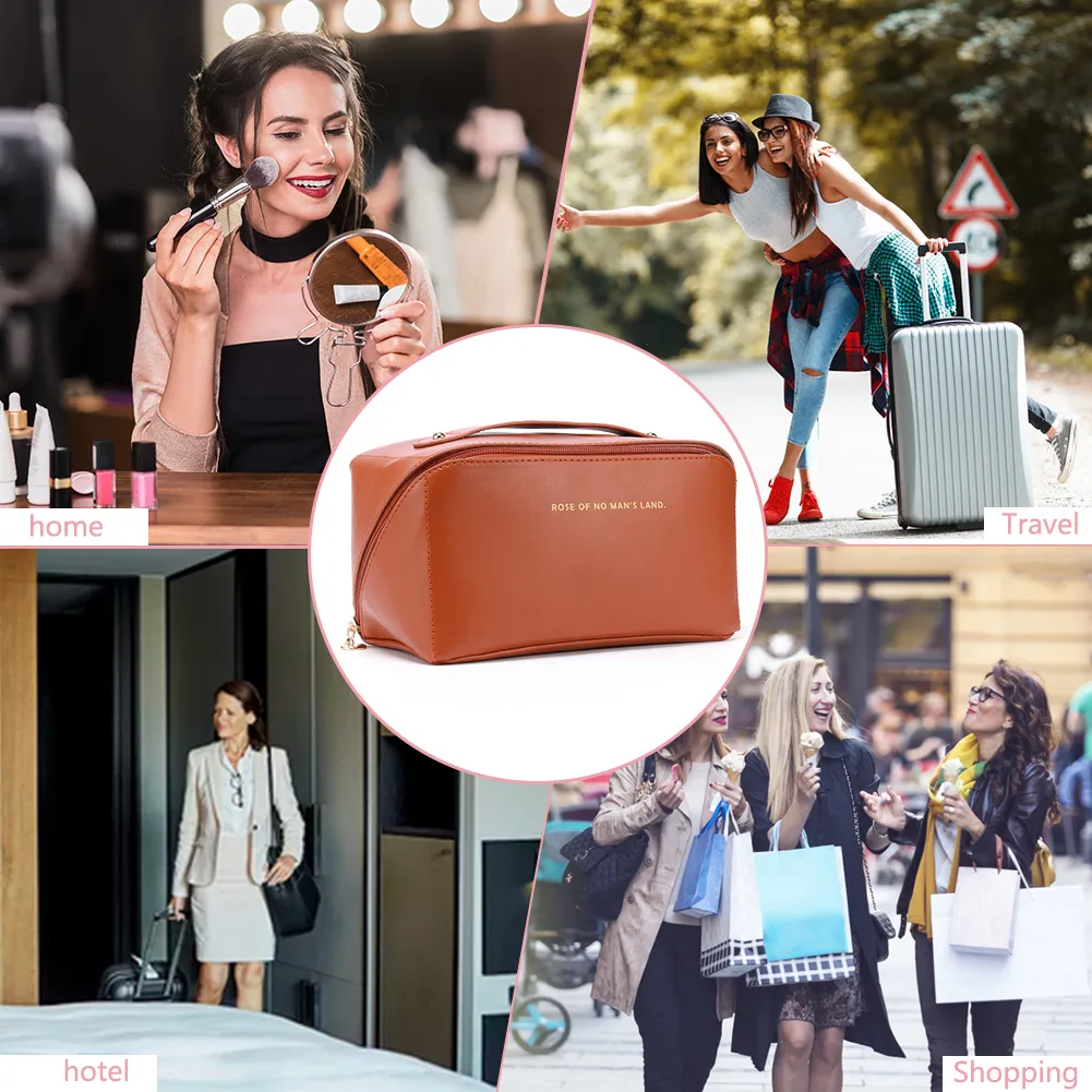 Trousse de maquillage en cuir pour femmes, grande capacité, organiseur de rangement pour pinceaux, idéal pour les voyages._voghion.com