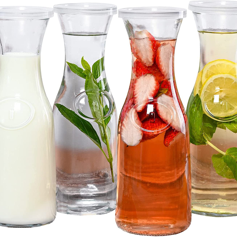 Drikkevandskande i glas med plastlåg, design med smal hals, 1 liters sæt med 4, klar_voghion.com