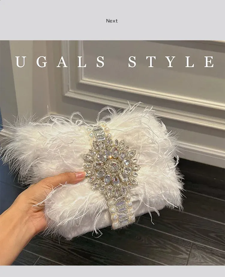Ostrich Feather Evening Bag With Pearl Details For Women Party_voghion.com