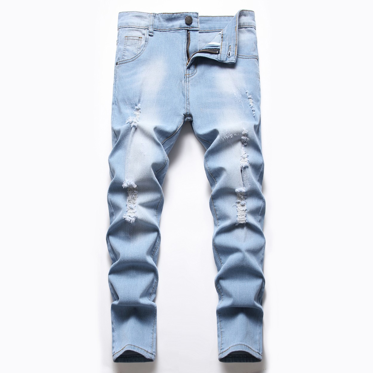 Plataformas de comercio electrónico transfronterizo Mother & Kids para pantalones de mezclilla rasgados rectos elásticos de color azul claro para niños medianos y grandes para las cuatro estaciones.