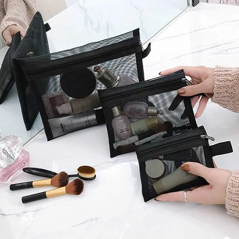 Nouveau petit sac de rangement de toilette de voyage portable en maille transparente noire pour cosmétiques Y241023_voghion.com