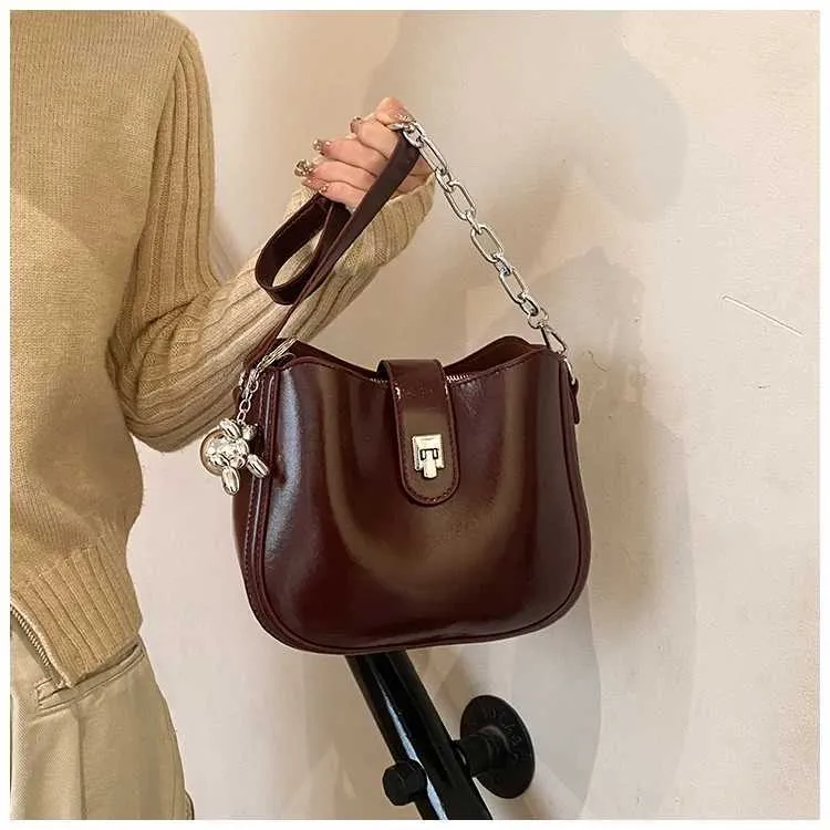 Borsa a secchiello Bury da donna, solida, alla moda, in pelle PU, con tracolla, versatile, per il tempo libero, con catena, semicerchio_voghion.com