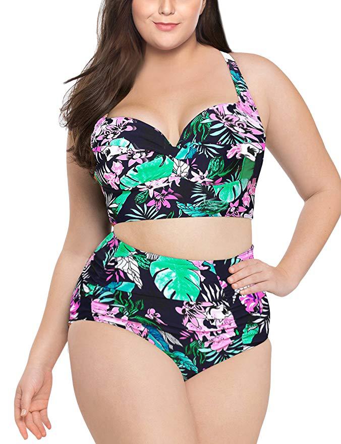 Large Size Plus Bikini Swimsuit High Waist Printed Two Piece Solid Color Women's Vacation Sexy Suit_voghion.com