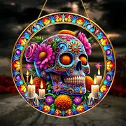 Vibrant Sugar Skull Suncatcher - 9" Stained Acrylic Art. Festive Decor For Dia De Muertos Celebrations Or Cafe Spaces._voghion.com