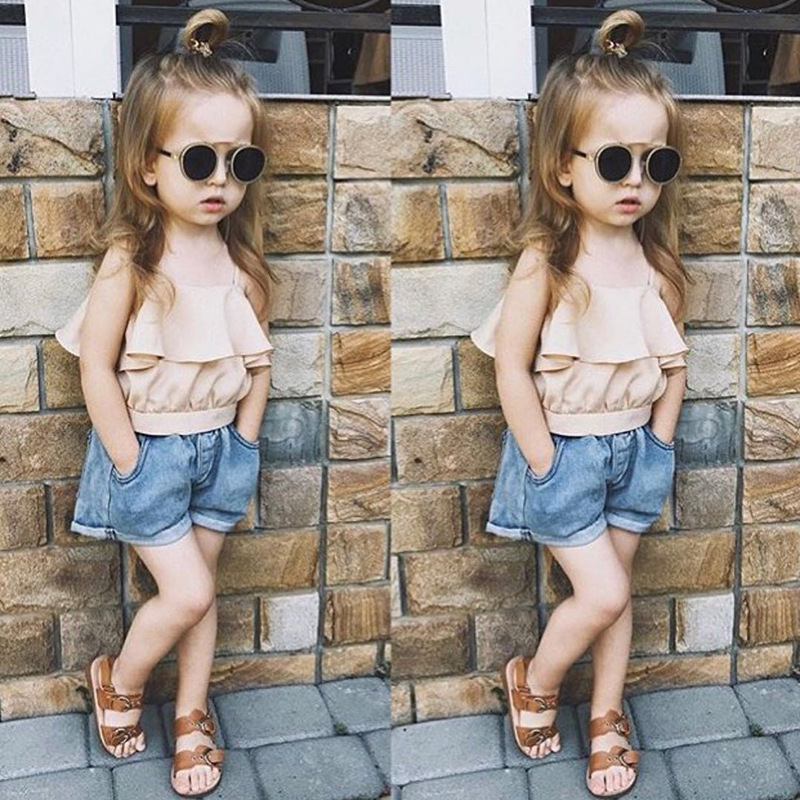 Reggicalze senza maniche alla moda per ragazze e bambini + set di due pezzi di pantaloncini di jeans INS fornitura per il commercio estero_voghion.com