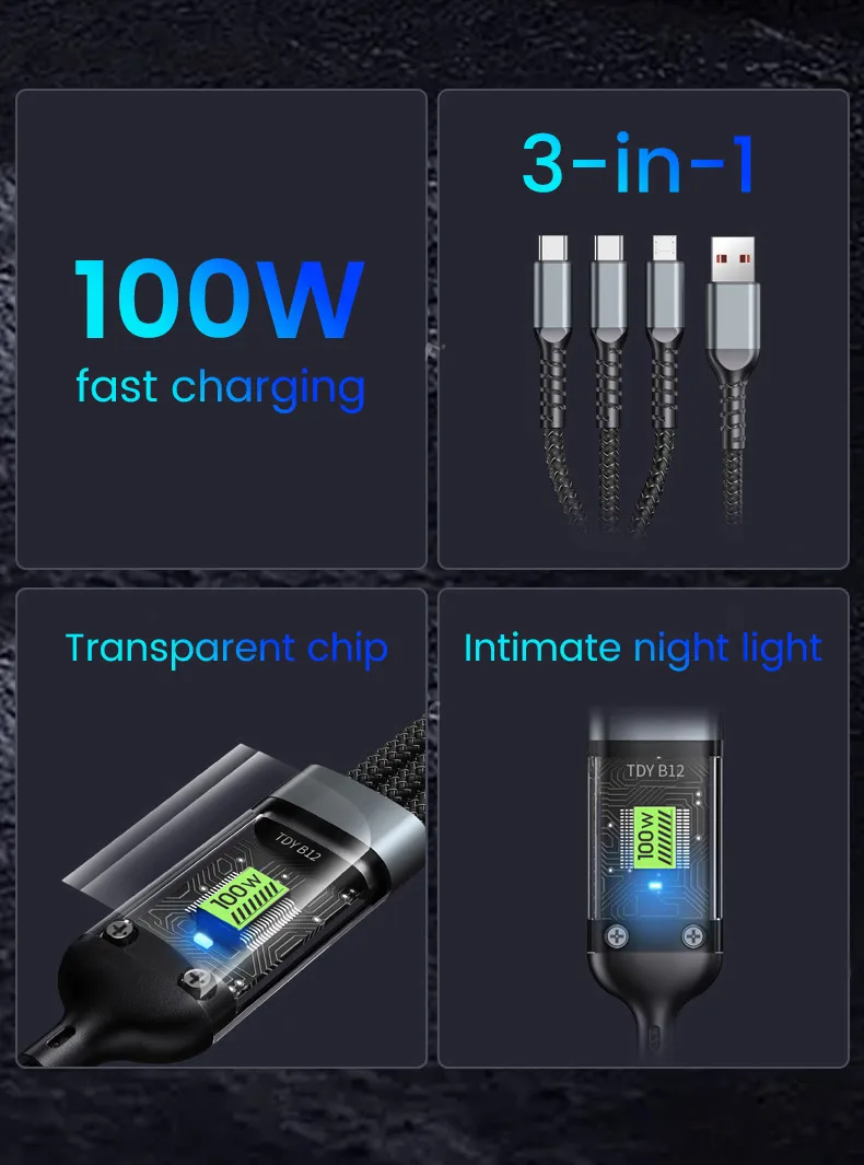 New Transparent LED Night Light Fast Charging Supports 100W 3 In 1 USB Charger Mobile Phone Type C Data Cable For Iphone_voghion.com