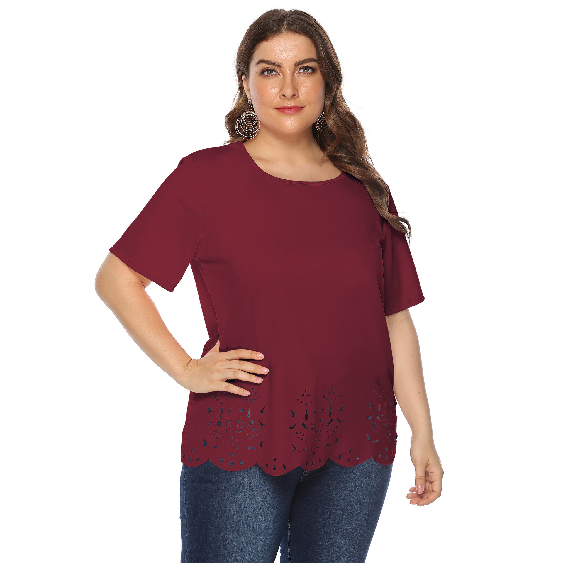 Women's tops large size women's clothing solid color burnt flower hollow wave edge casual short-sleeved T-shirt_voghion.com