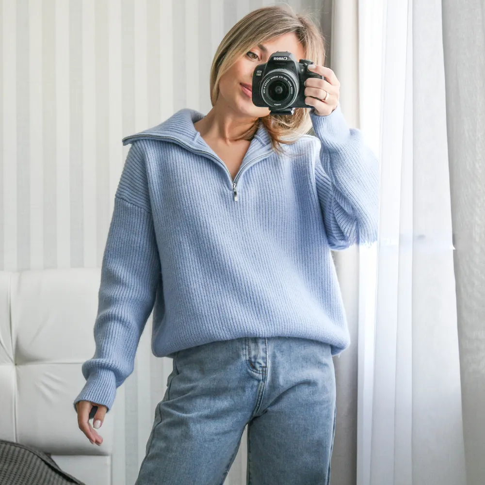 Damen Reißverschluss Stehkragen Modischer einfarbiger lockerer Pullover Damen lässig gestrickt Langarmpullover Winter_voghion.com