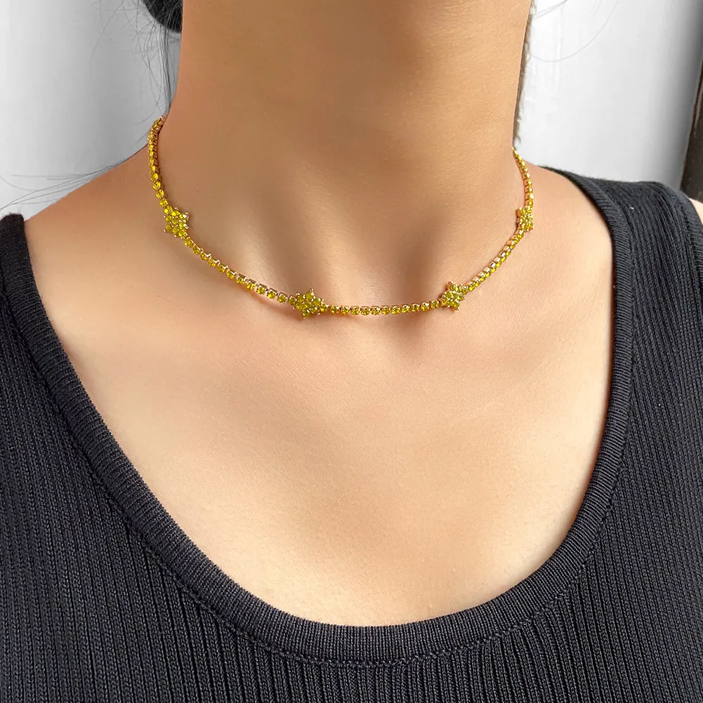 Chaînes 2022 Collier de chaîne de tennis en strass coloré pour femmes Colliers ras du cou en cristal de couleur or_voghion.com