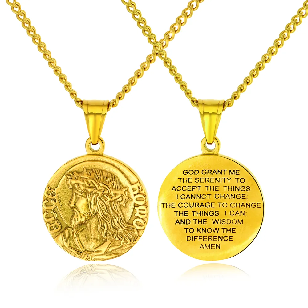 Collana con ciondolo con motivo Gesù inciso in acciaio inossidabile 316, gioielli religiosi da uomo e da donna_voghion.com