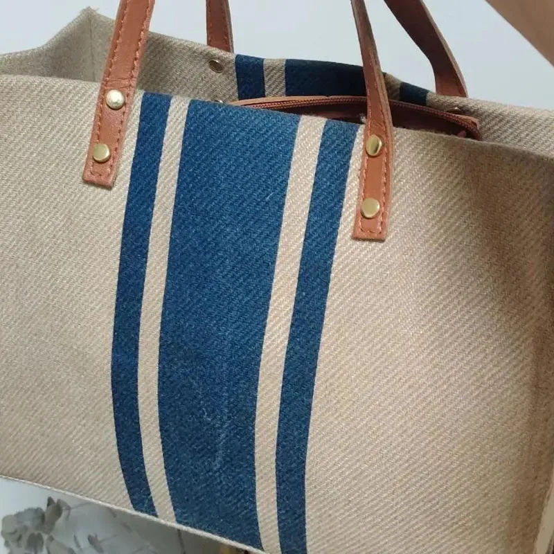 Borsa a mano da donna, semplice, alla moda, di grande capacità, vintage, a righe, portatile, stile coreano._voghion.com