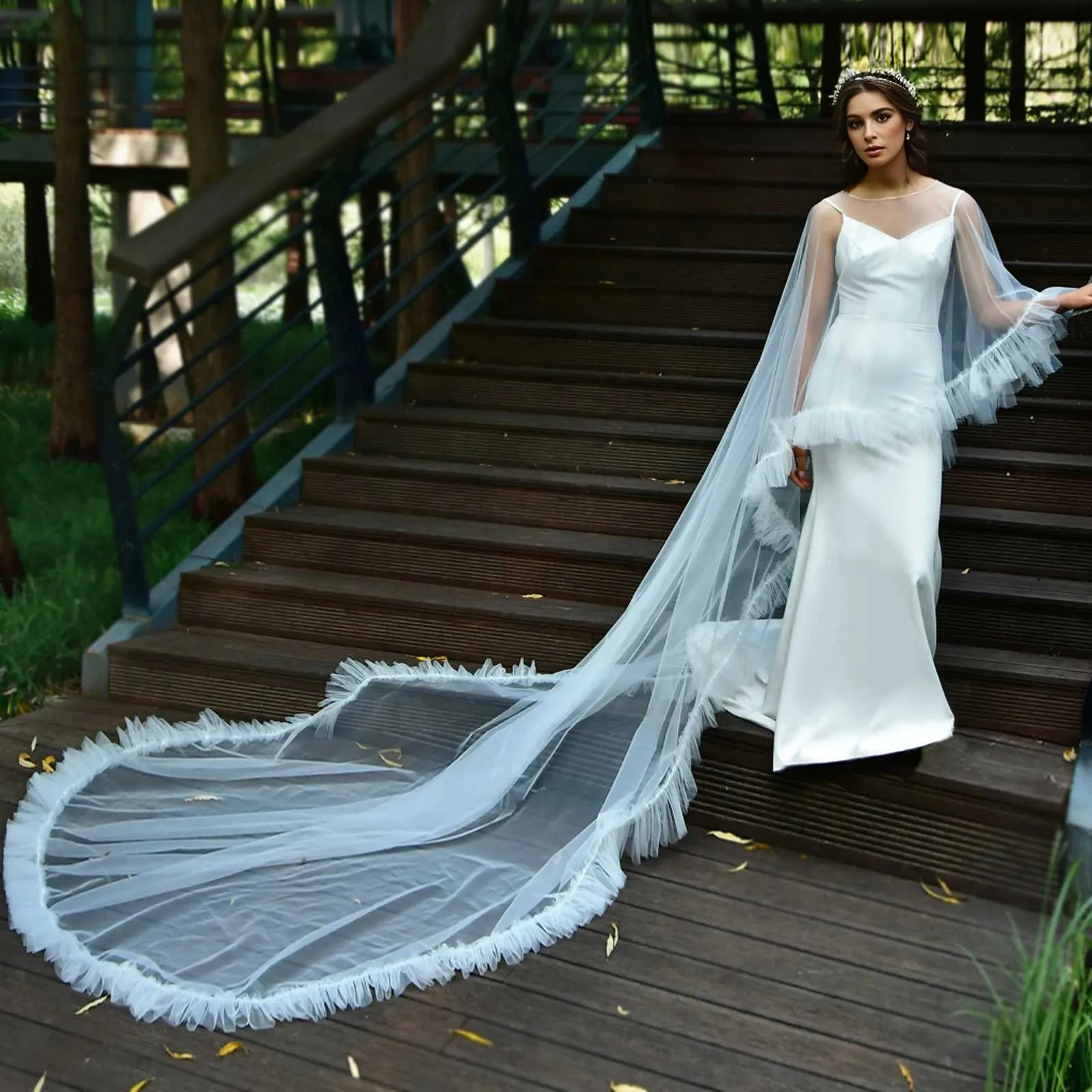 Jóias para cabelo femininas MZB19 capa de noiva longa véu plus size bolero elegante jaqueta feminina para convidados de casamento capa catedral_voghion.com