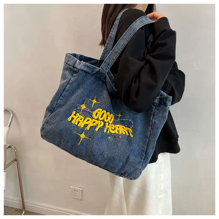 New Large Capacity Cowboy Shoulder Student's Canvas Schoolbag Women's Shopping Bag Street Dressing_voghion.com