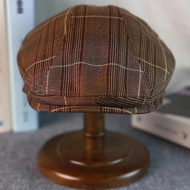 Brown Checkered Button en Cotton Womens Mens Ivy Driving Spring and Autumn Flat Hat Retro Gatsby Beret A-54 Y241031_voghion.com