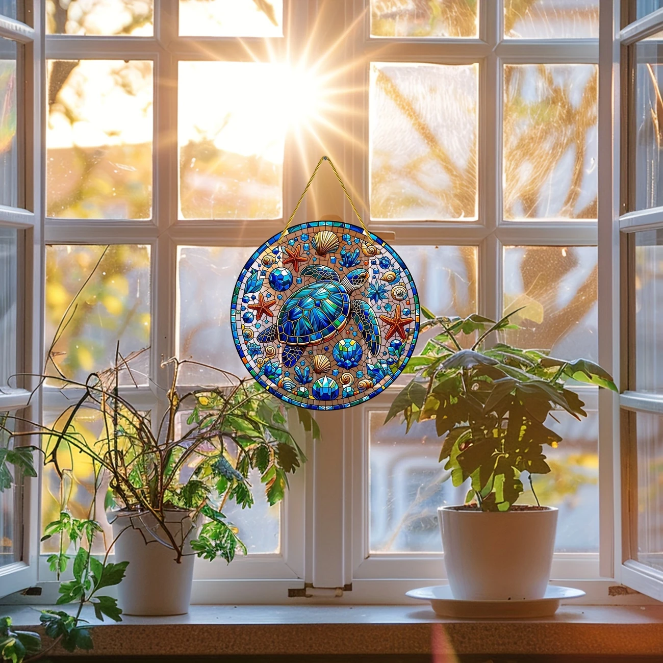 1pc 8''x8'' Round Acrylic Turtle & Starfish Suncatcher, Dyed Wreath Design. Perfect For Room/cafe/outdoor Decor. Holiday Gift Idea._voghion.com