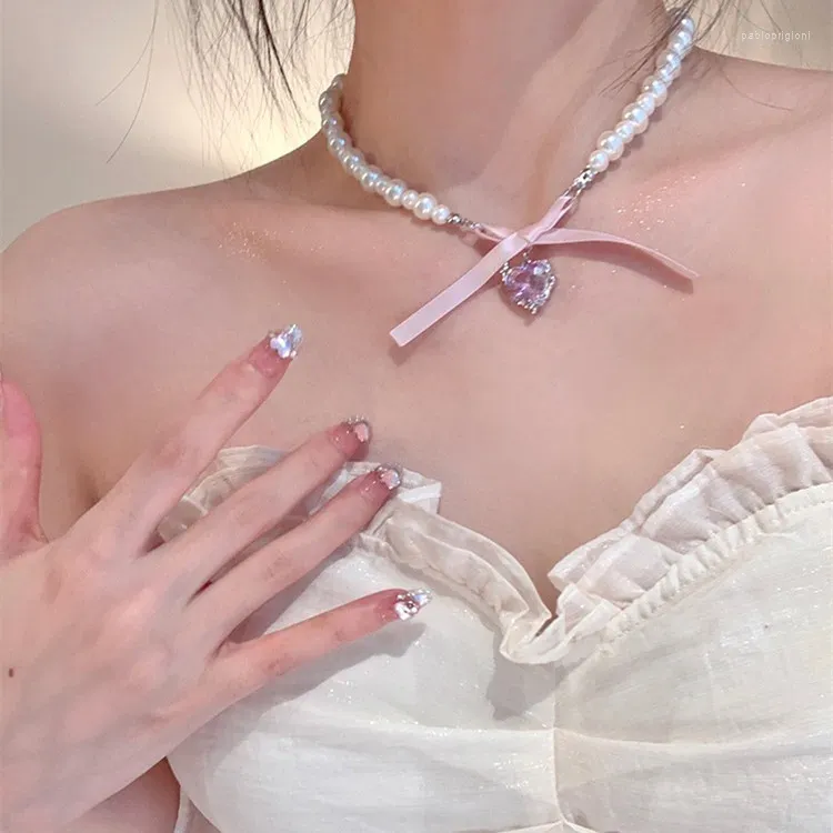 Collane con ciondolo Collana francese romantica con fiocco rosa e perla disegnata da una minoranza femminile Sweety Clavicle Choker_voghion.com