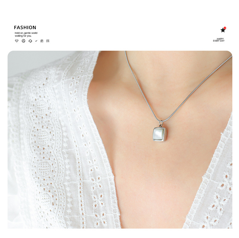 French Instagram Cool Wind Square White Sea Shell Pendant Necklace with Small Design Titanium Steel Gold Plated Round_voghion.com