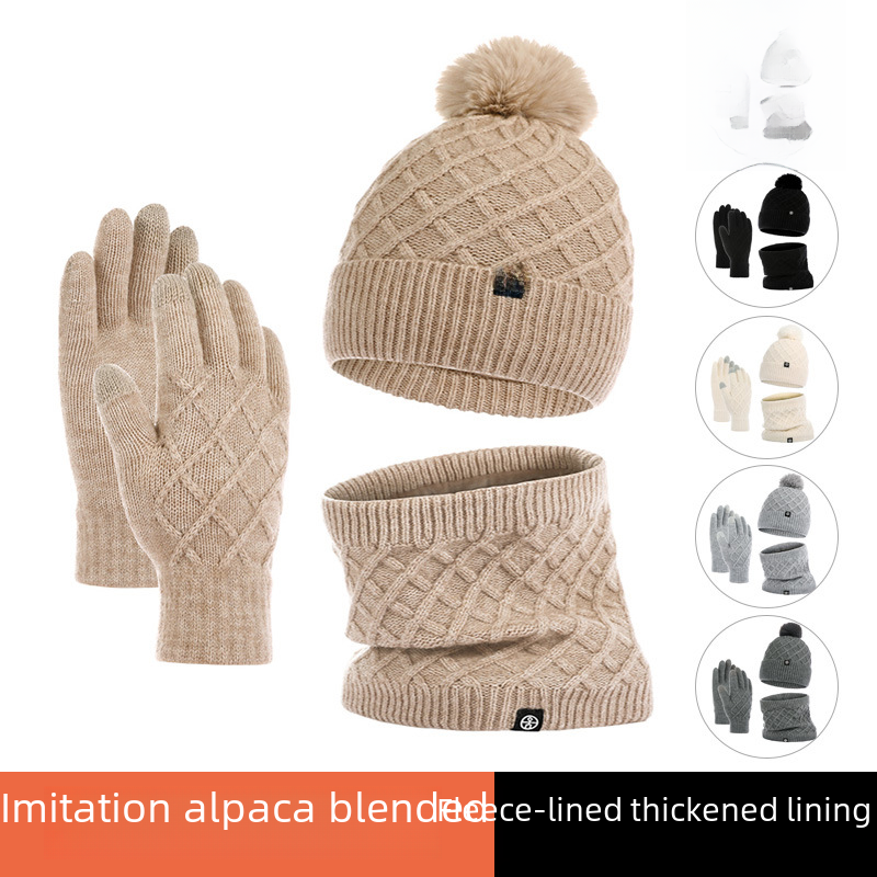 Unisex Hat, Neck, Gloves, Knitted Hat, Outdoor with Velvet Warmth, Wool Ball, Thickened Wool Hat, 3-Piece Set