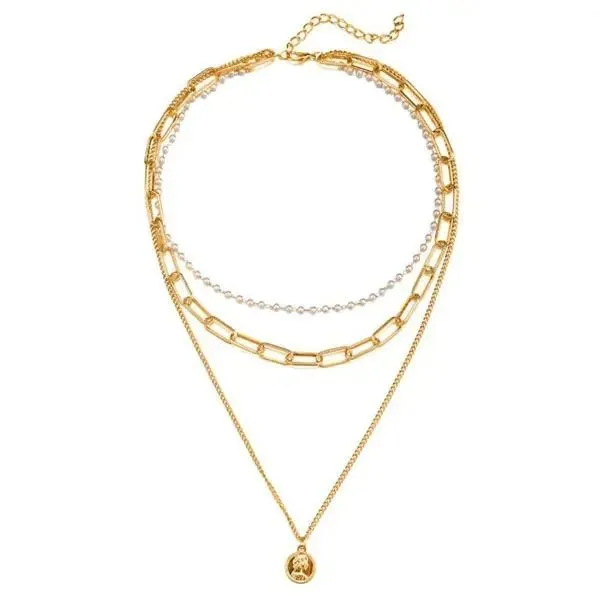 Collana in lega vintage creativa multistrato con catena di perle e timbro ritratto_voghion.com