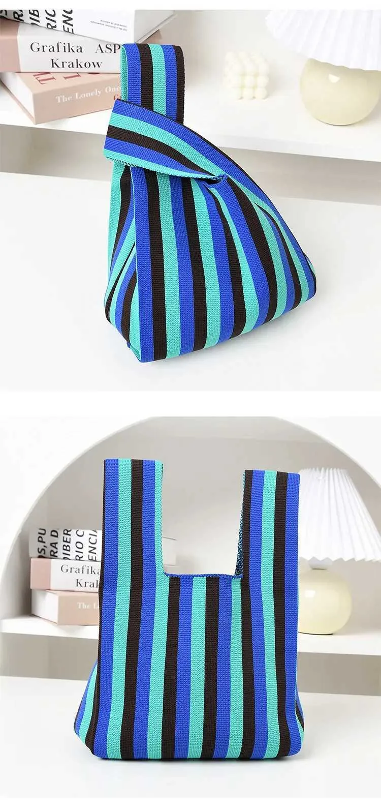 Handgestrickte waarme Mini-Knuet-Handgelenk Fem Casual faarweg breet Sträif Einfach gewieft Handtasche wiederverwendbar Akafstasch Y241106_voghion.com