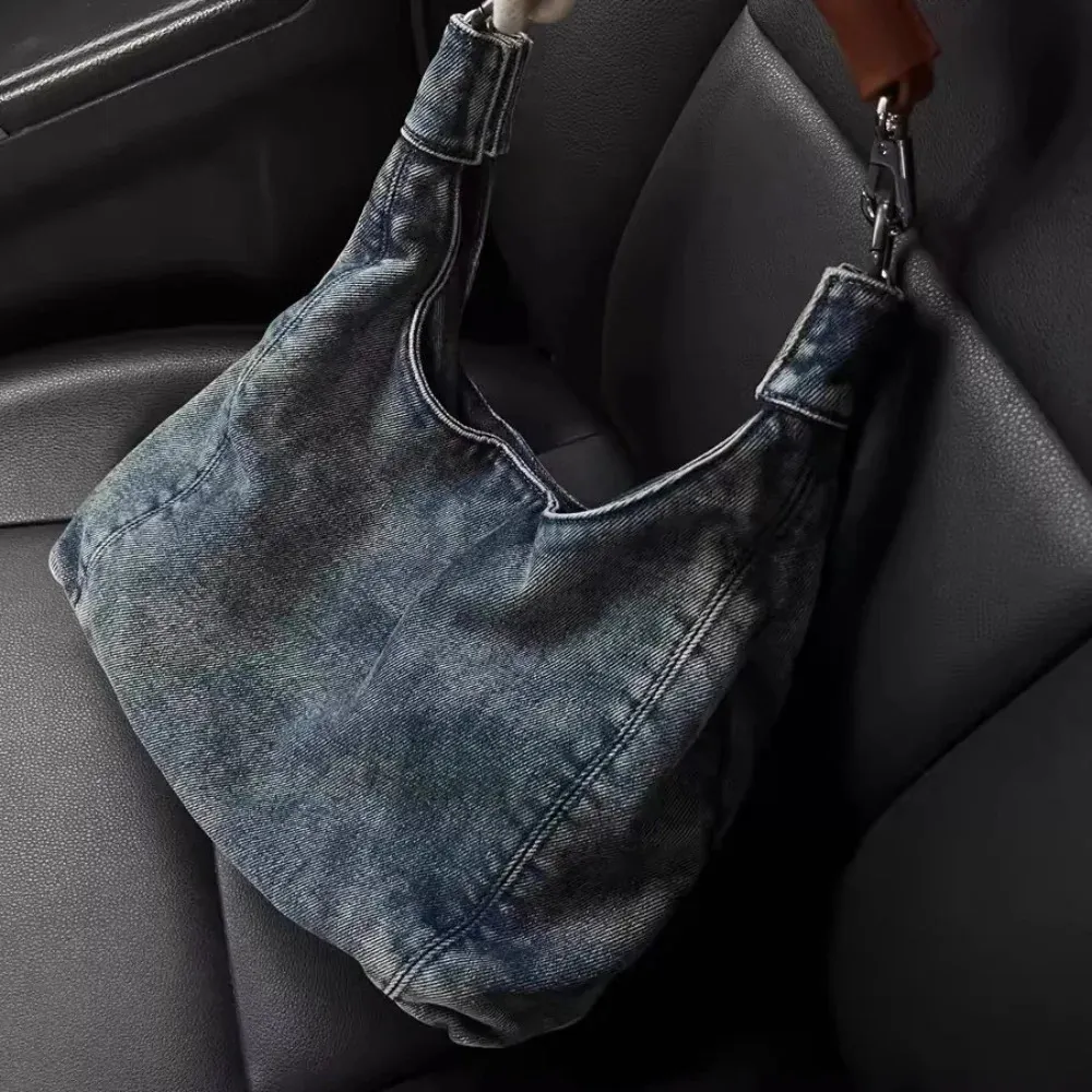 Borsa a tracolla retrò in denim per donna con manico in pelle sottobraccio, borsa da viaggio per il tempo libero di alta qualità, borsa hobo piccante alla moda 240823_voghion.com