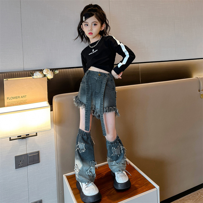 Mother & Kids Girls' Spring and Autumn Suits Girls' Fashionable Hot Girls Street-Friendly Long-Sleeved Tops Personalized Hip-Hop Jeans Two-piece Set_voghion.com