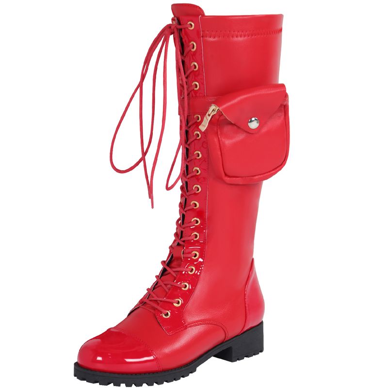 Modne buty do połowy łydki z okrągłym noskiem, zapinane na suwak z przodu i sznurowane, damskie w dużych rozmiarach_voghion.com