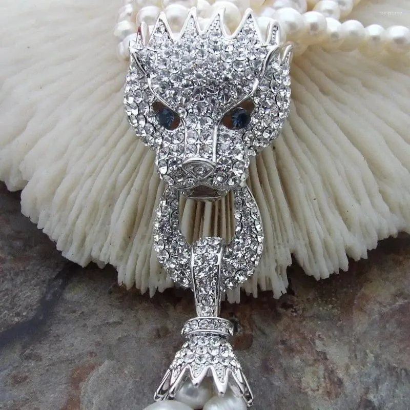 Catene annodate a mano con micro intarsi in zircone e chiusura a testa di leopardo, collana con nappe in perle d'acqua dolce bianche da 8-9 mm, gioielli di moda_voghion.com