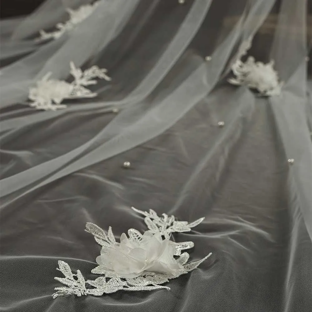 Hair Jewelry 3D Flowers Bridal Veils Pearls Veil 1 Tier Long Cathedral Veu With Comb Wedding Accessories For Bride VP56_voghion.com