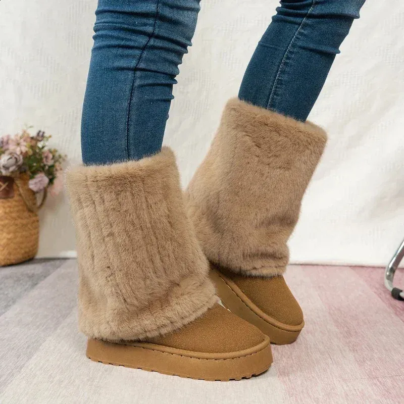 Winter Womens Snow Plush Warm Thickened Fashion Casual Suede Thick-soled Mid-tube Boots Botas Mujer 240719_voghion.com