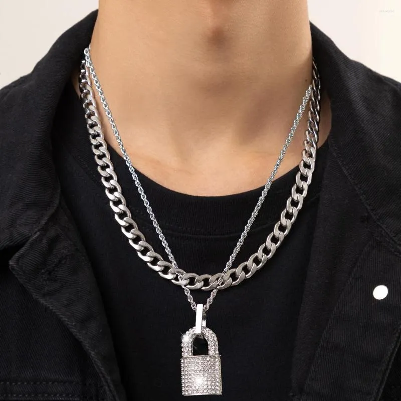 Collane con ciondolo a strati con catena spessa con lucchetto in strass Collana da uomo alla moda in acciaio inossidabile spesso Choker 2023_voghion.com