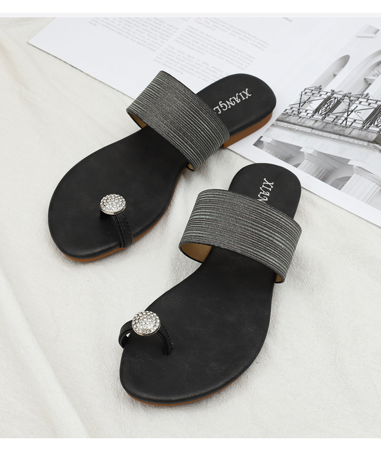 Sandali piatti da donna, comodi sandali con strass con suola morbida per abbigliamento esterno, pantofole da spiaggia pigre alla moda, di grandi dimensioni_voghion.com