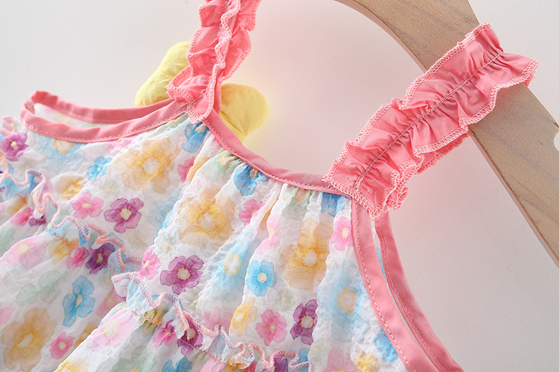 Neues Sommerkleid für Mädchen, rosa, Strand, lässig, bequem, mit Riemen, fragmentiertes Blumenkleid, Fliege, Netz, gefaltetes Strandkleid_voghion.com
