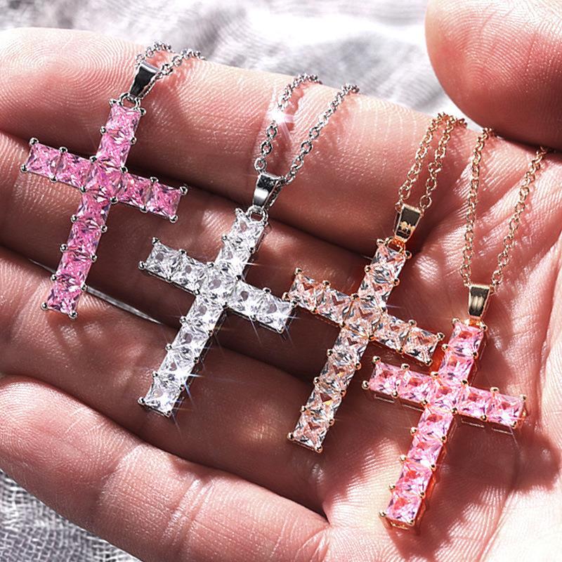 Collier avec pendentif croix populaire, plein de diamants carrés en zircon, bijoux tendance hip-hop