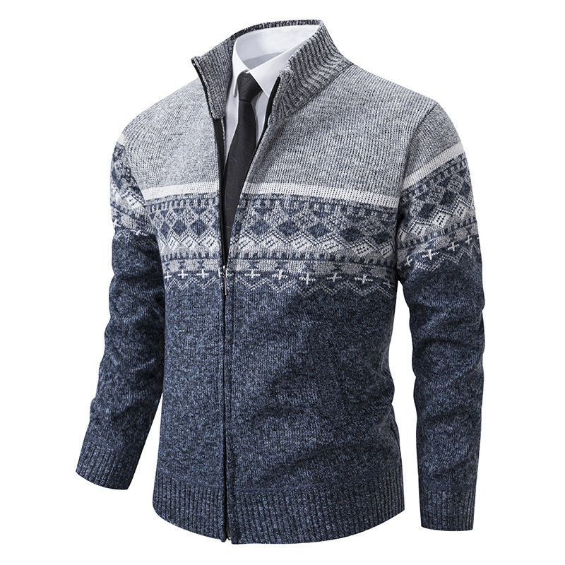 Negócios outono veludo engrossado suéter masculino de meia idade gola alta cor bloqueada retro jacquard cardigan de malha_voghion.com