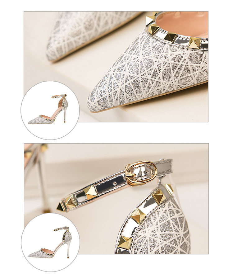 9288-20 Sexy Abnehmen Stiletto Nachtclub Damen Schuhe High Heels Flach Spitzschuh Hohl Niet Strap Sandalen_voghion.com