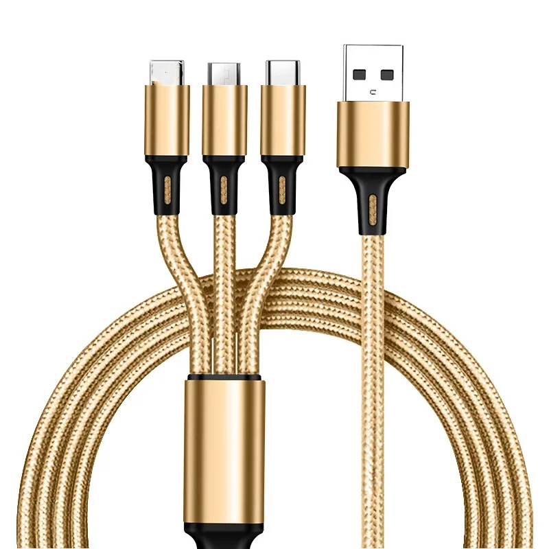 1 Meters 2m 3-in-1 Data Copper Core Nylon Braided Anti-stretch Multi-port Android V8 Type C 2a Fast Charge Mobile Phone_voghion.com