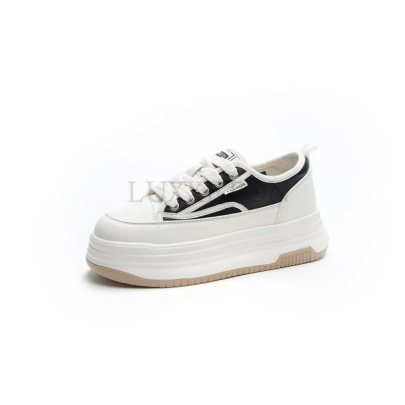 Genuine Leather Thick Sole Round Toe Raised Small White Casual Comfortable Trendy And Versatile Women Board Shoes_voghion.com