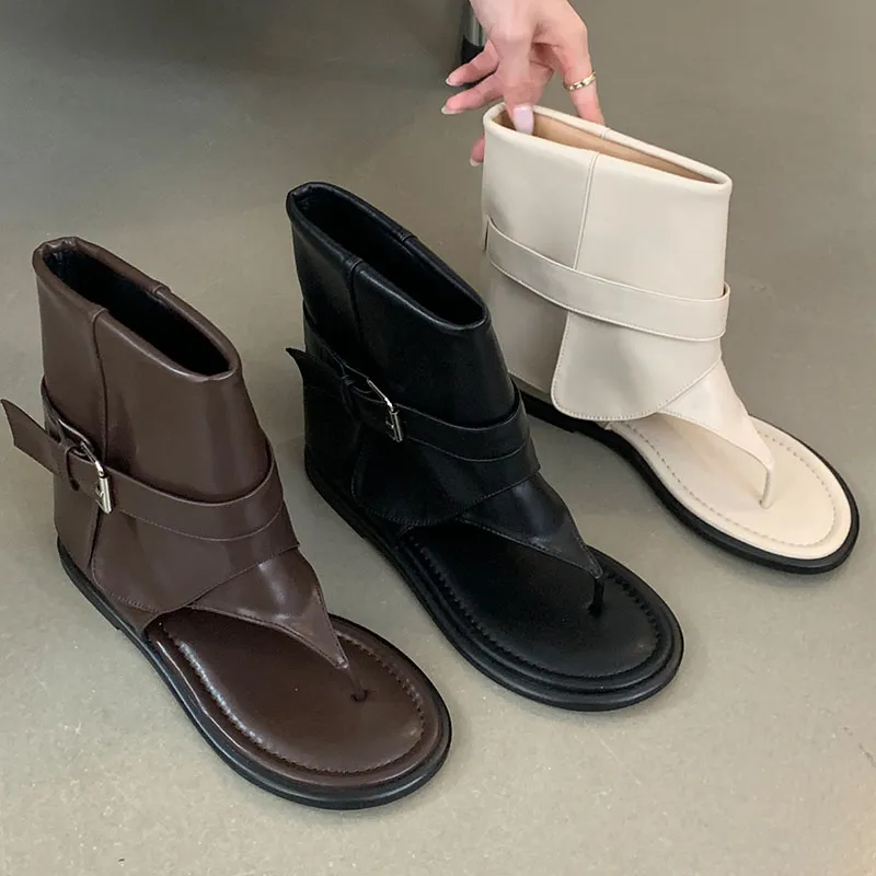 Weibliche Slip-On-Schuhe Wohnungen mit Frauen Ankle Flip Ps Mode Runde Kappe Damen Sandalen Stretch Stiefel Schuhe 2024_voghion.com