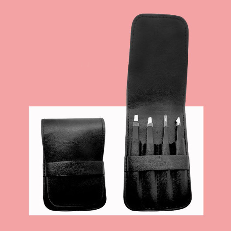 4pcs Fashion Brow Trimmer False Eyelash Clip Eyebrow Stainless Steel Tweezer with PU Bag Beauty Makeup Tools_voghion.com
